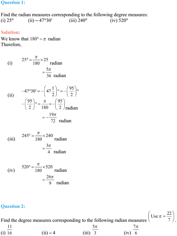 NCERT Solutions for Class 11 Maths Chapter 3 Trigonometric Functions Ex 3.1 1