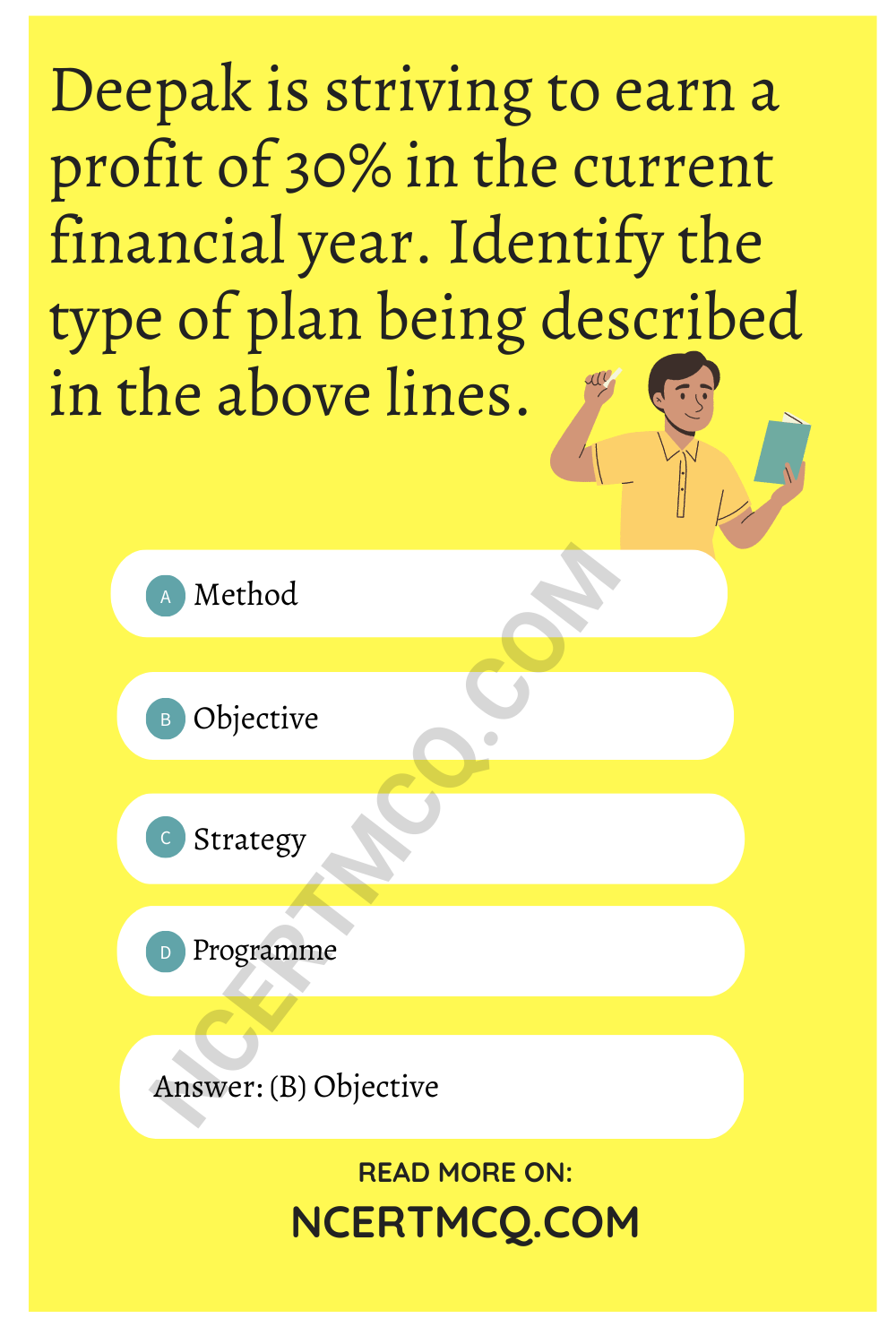 Deepak is striving to earn a profit of 30% in the current financial year. Identify the type of plan being described in the above lines.