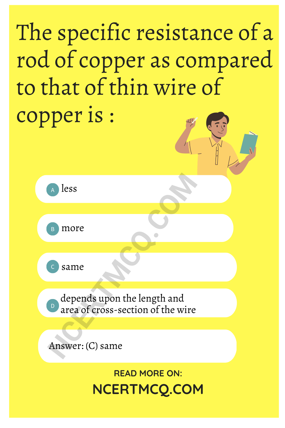 The specific resistance of a rod of copper as compared to that of thin wire of copper is :