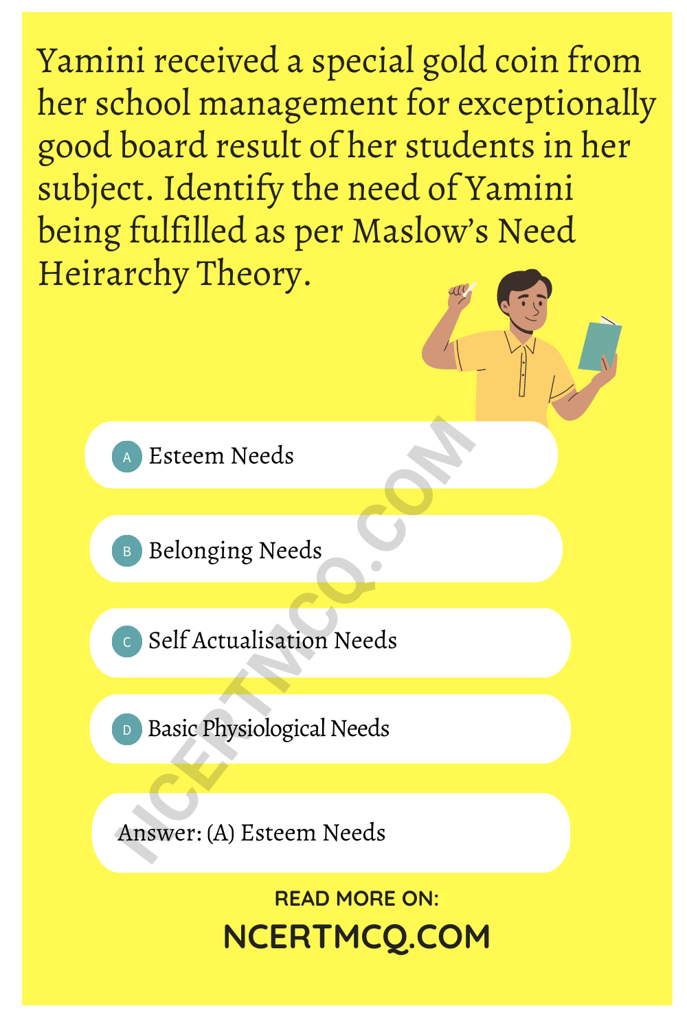 Yamini received a special gold coin from her school management for exceptionally good board result of her students in her subject. Identify the need of Yamini being fulfilled as per Maslow’s Need Heirarchy Theory.