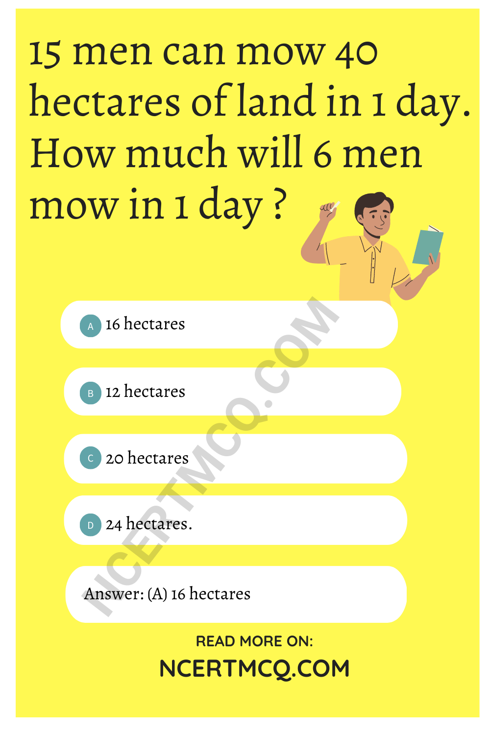 15 men can mow 40 hectares of land in 1 day. How much will 6 men mow in 1 day ?
