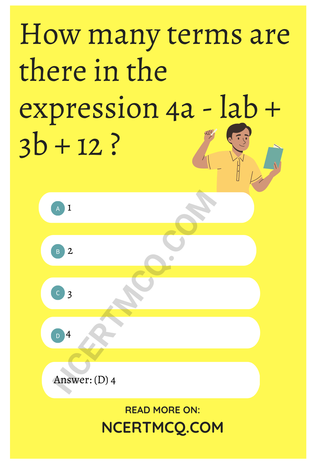 How many terms are there in the expression 4a - lab + 3b + 12 ?